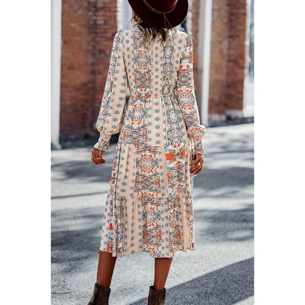 Patchwork Smocked Puff Sleeve Tiered Midi Dress - Picture 14 of 15